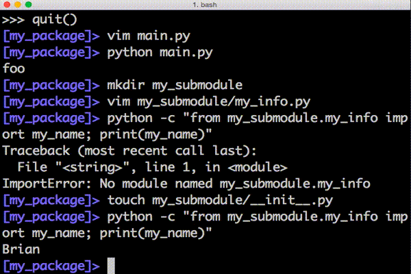 Animated GIF of a Python command that throws an ImportError
